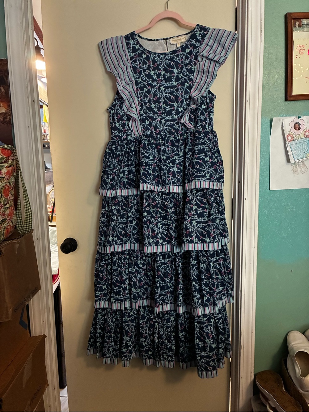 Simply Southern Ladies Navy Floral Tiered Dress with Pink Trim